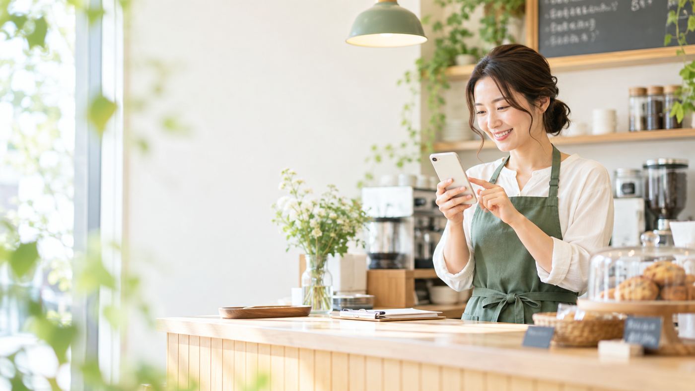 お店の人がスマホでホームページを更新する様子