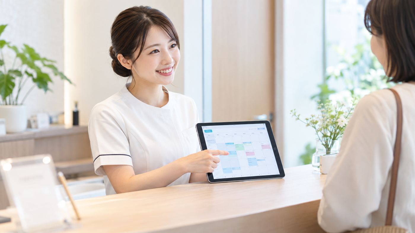 受付でタブレットを使っている様子